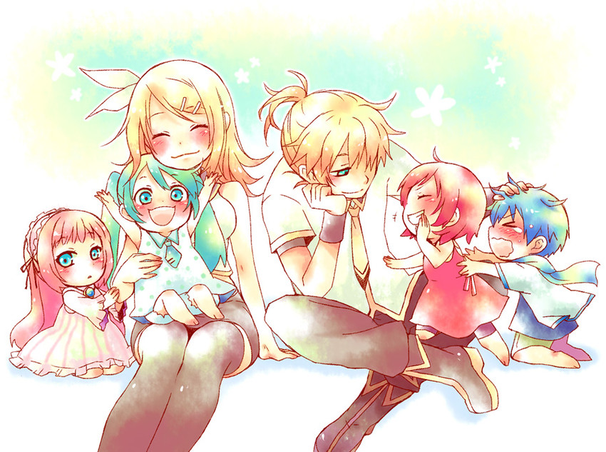 hatsune miku, kagamine rin, kagamine len, megurine luka, kaito, and 1 more (vocaloid) drawn by tsuyuka_(sunny_spot)