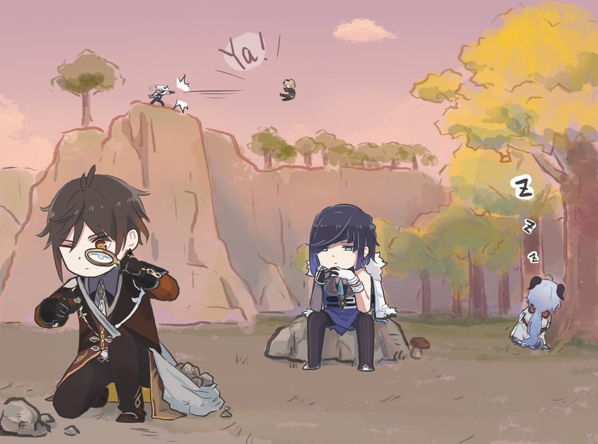 ganyu, zhongli, shenhe, yelan, and hilichurl (genshin impact) drawn by xinzoruo