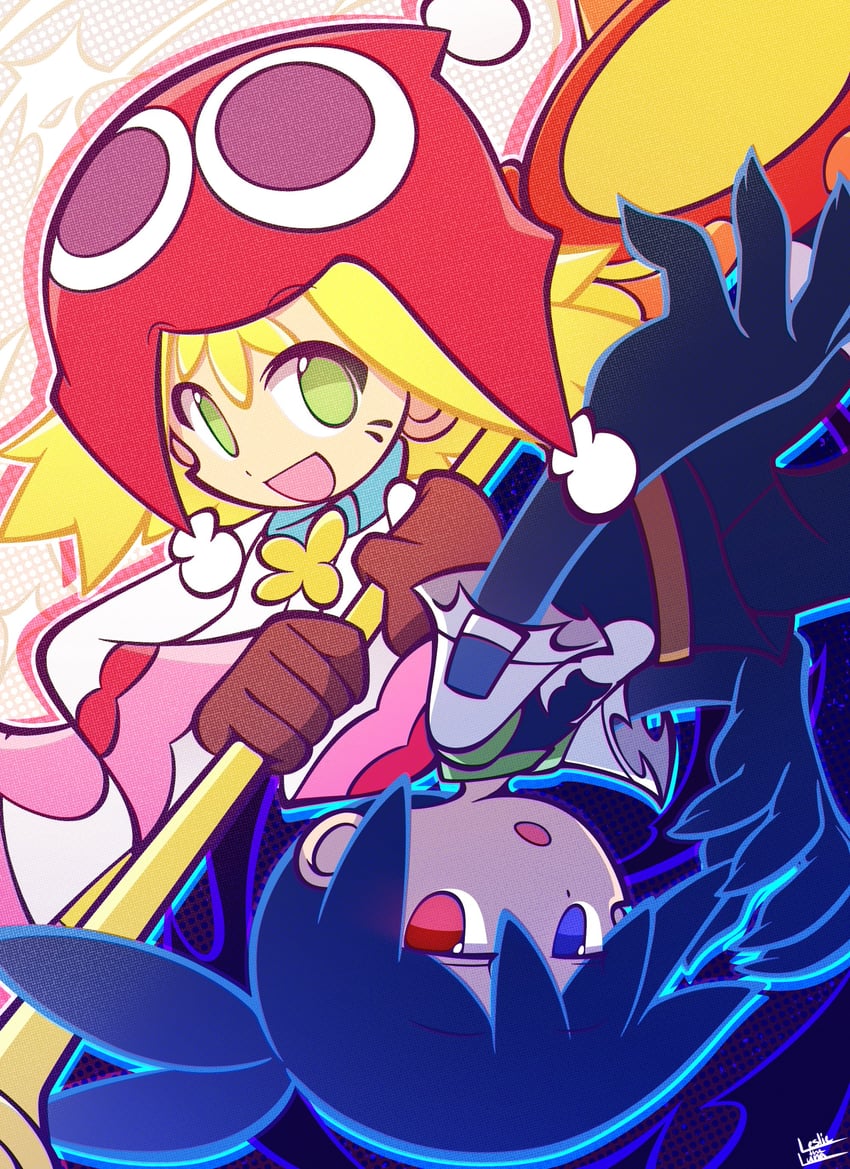 amitie, sig, black sig, and red amitie (puyopuyo and 1 more) drawn by leslietheluna