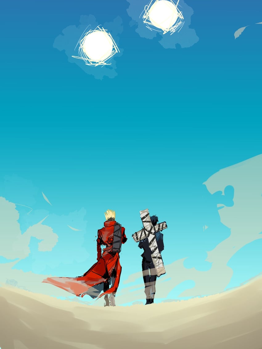 vash the stampede and nicholas d. wolfwood (trigun) drawn by decided_218