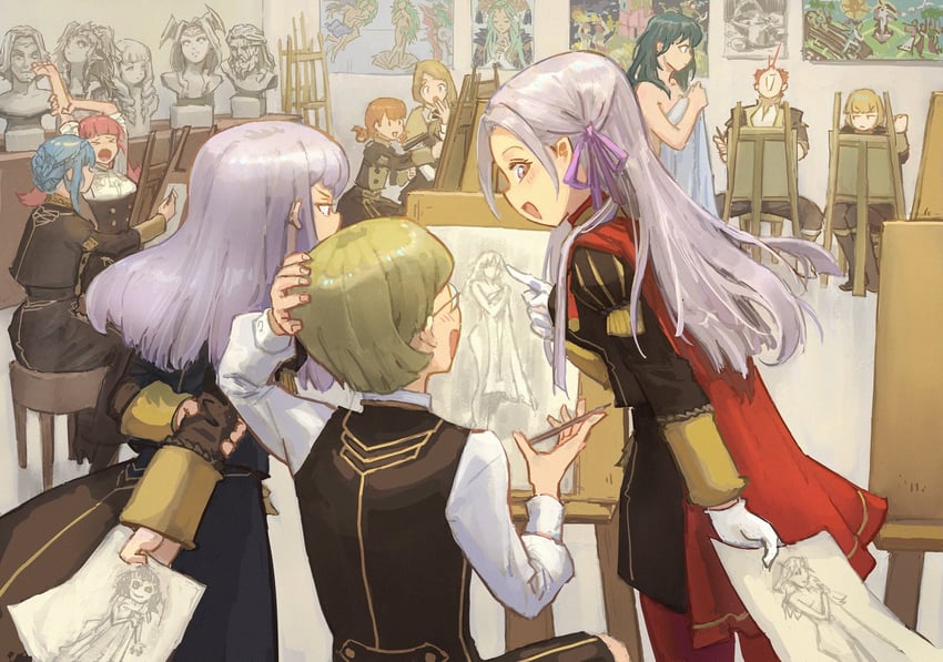 female byleth, edelgard von hresvelg, hilda valentine goneril, lysithea von ordelia, marianne von edmund, and 11 more (fire emblem and 2 more) drawn by green_little