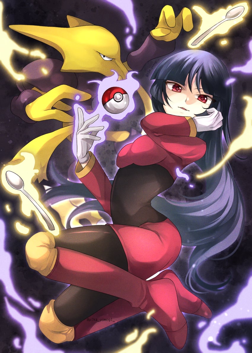 sabrina and alakazam (pokemon and 1 more) drawn by yomogi_(black-elf)