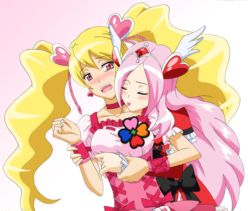 higashi setsuna, momozono love, cure peach, and cure passion (precure and 1 more) drawn by fuchi_(nightmare)