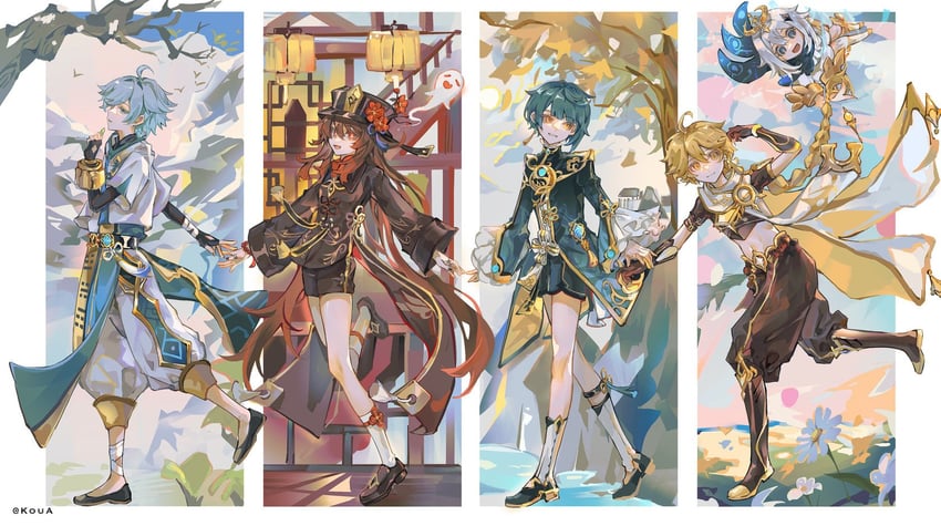 hu tao, aether, paimon, boo tao, xingqiu, and 1 more (genshin impact) drawn by koua455