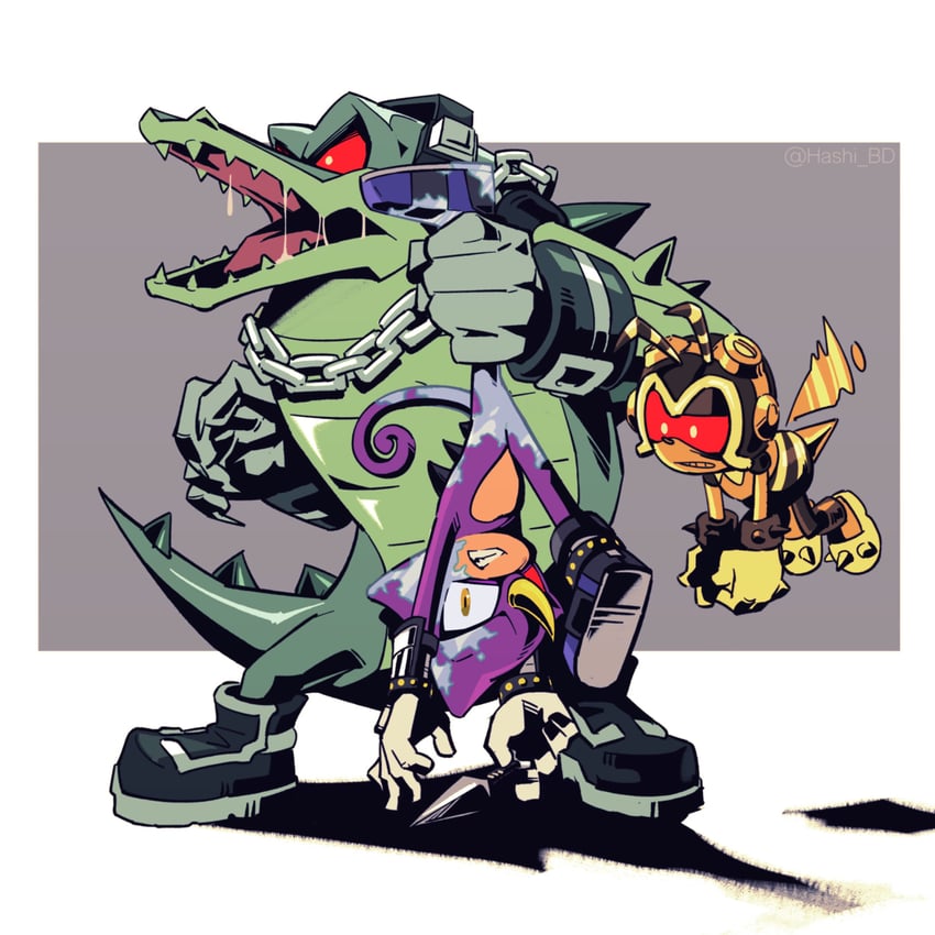 espio the chameleon, vector the crocodile, charmy bee, zombot vector, zombot charmy, and 1 more (sonic and 1 more) drawn by hashi84e