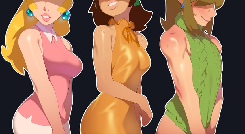 link, princess peach, and princess daisy (the legend of zelda and 1 more) drawn by combos_&_doodles
