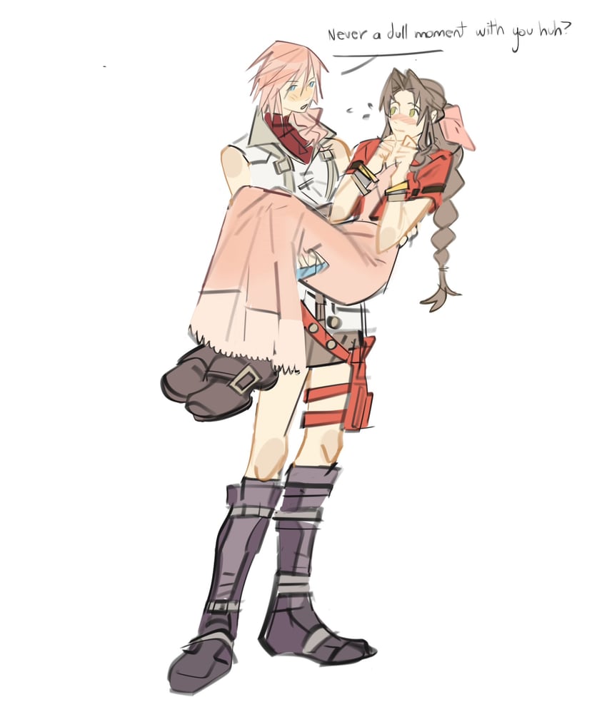 aerith gainsborough and lightning farron (final fantasy and 3 more) drawn by mmmckayyy