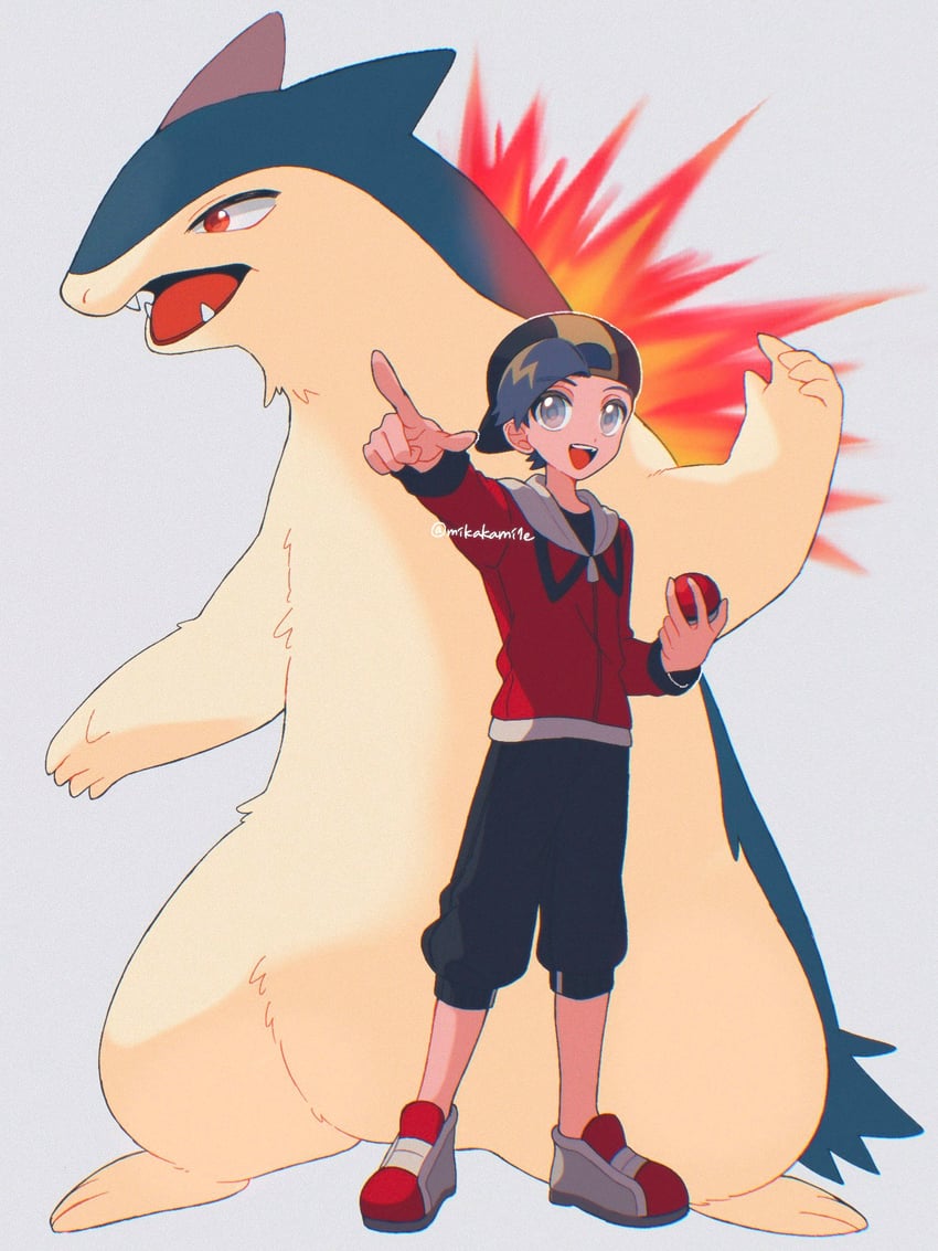 ethan and typhlosion (pokemon and 1 more) drawn by mikakami1e