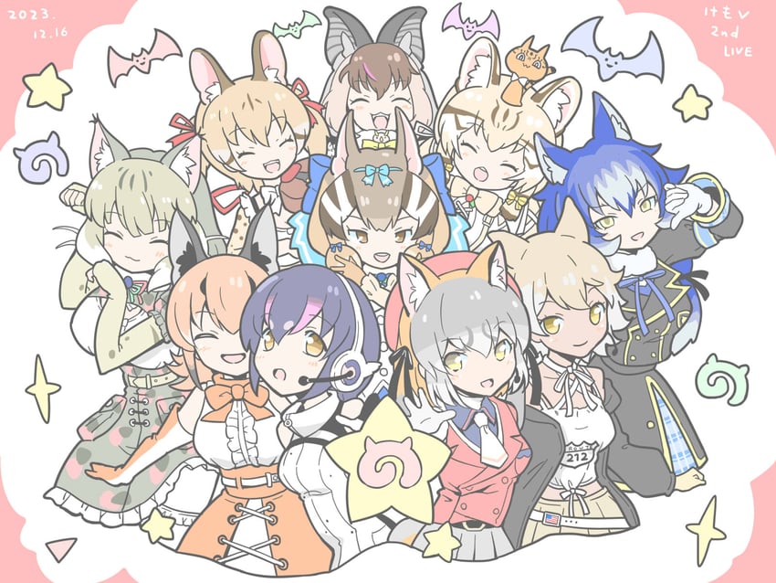 island fox, humboldt penguin, caracal, brown long-eared bat, coyote, and 5 more (kemono friends and 1 more) drawn by flerov