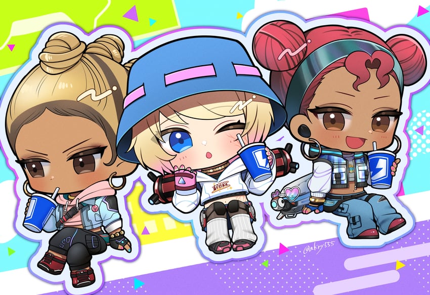 wattson, lifeline, bangalore, static trainers wattson, dazzling denim lifeline, and 1 more (apex legends) drawn by akirai_(akry555)