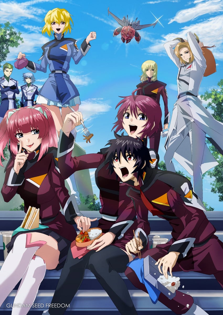 lunamaria hawke, shinn asuka, stellar loussier, agnes giebenrath, rey za burrel, and 4 more (gundam and 2 more) drawn by takatoshi