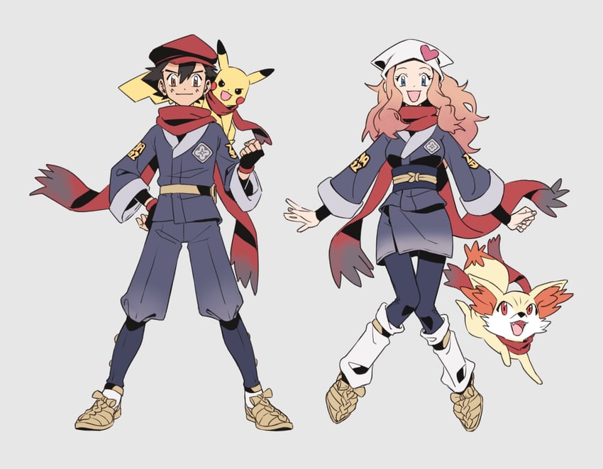 pikachu, ash ketchum, red, serena, akari, and 1 more (pokemon and 2 more) drawn by jiwoo_zzzang