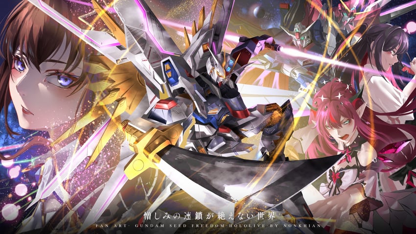 irys, tokino sora, azki, mighty strike freedom gundam, destiny gundam spec ii, and 1 more (hololive and 4 more) drawn by nonkhian