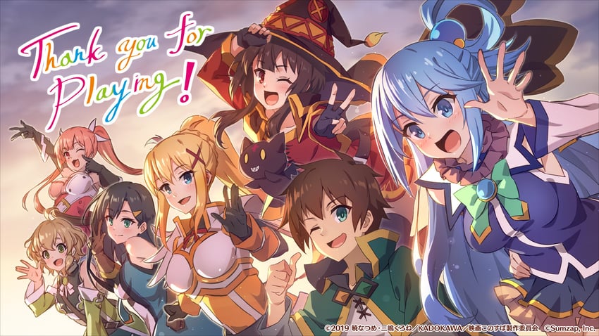 megumin, aqua, darkness, satou kazuma, chomusuke, and 3 more (kono subarashii sekai ni shukufuku wo! and 1 more)
