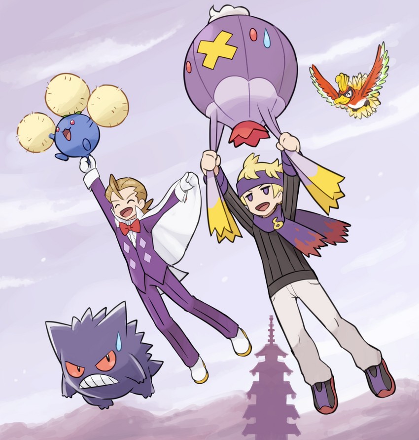 gengar, ho-oh, morty, jumpluff, drifblim, and 1 more (pokemon and 1 more) drawn by pokemoa