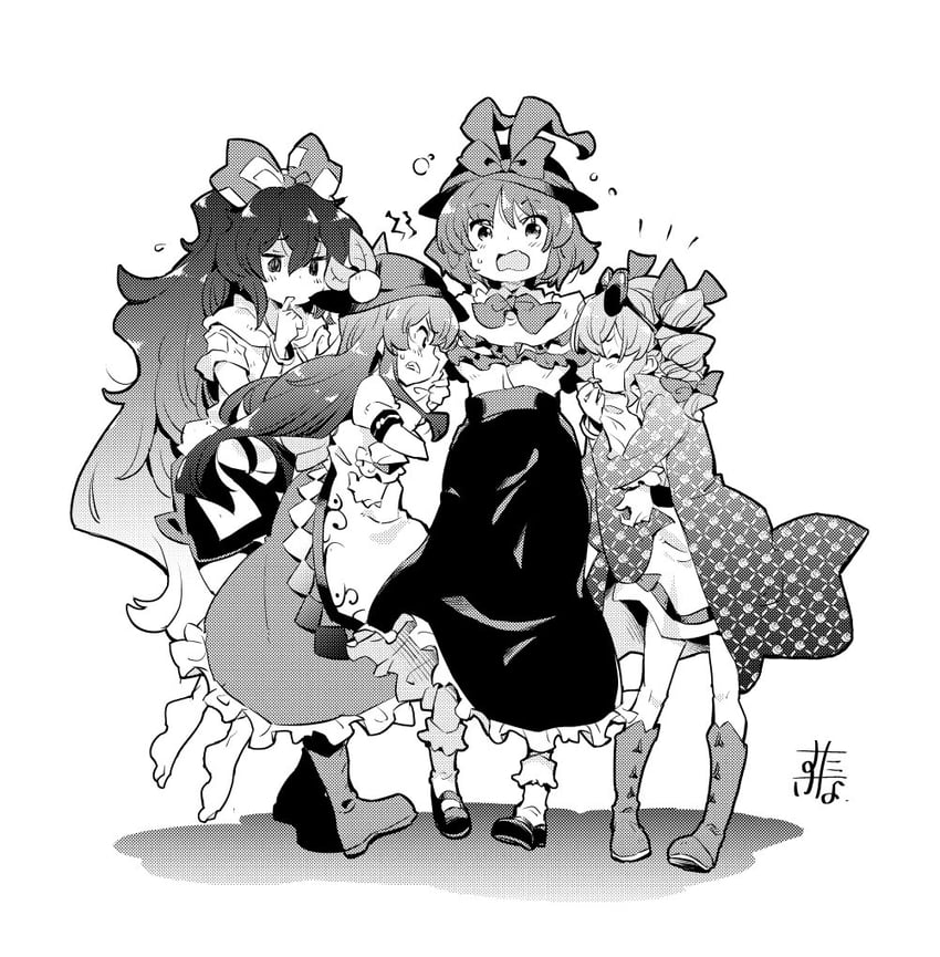 hinanawi tenshi, nagae iku, yorigami shion, and yorigami jo'on (touhou) drawn by tanasuke