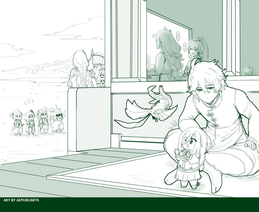 raiden shogun, aether, paimon, kamisato ayaka, shenhe, and 1 more (genshin impact) drawn by aepuru_arts