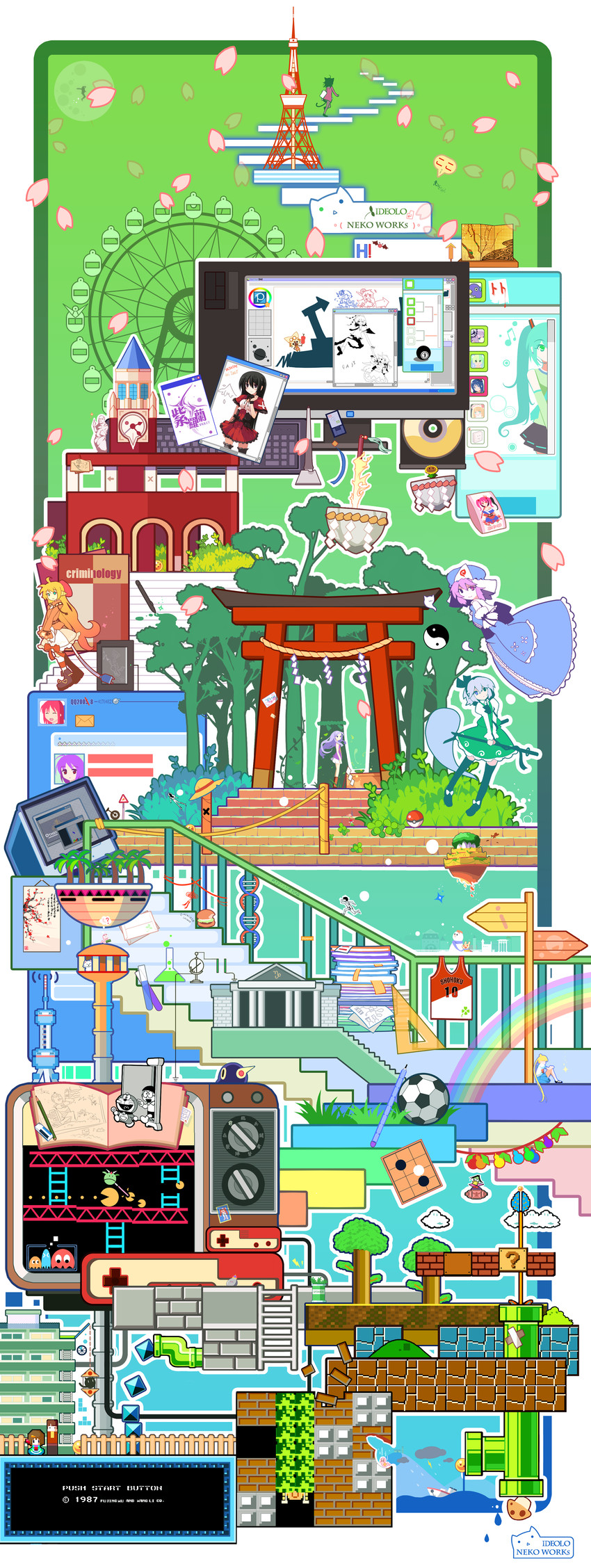 hatsune miku, konpaku youmu, shameimaru aya, saigyouji yuyuko, inubashiri momiji, and 32 more (touhou and 39 more) drawn by ideolo and sayori_(neko_works)