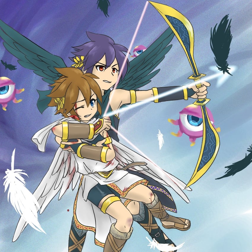 pit, dark pit, and monoeye (kid icarus and 1 more) drawn by mayoneco