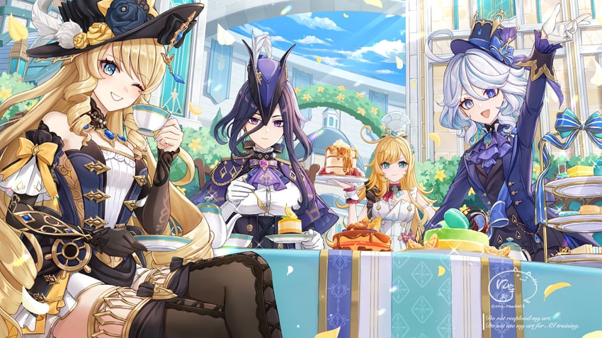 furina, clorinde, navia, and escoffier (genshin impact) drawn by nyamaso