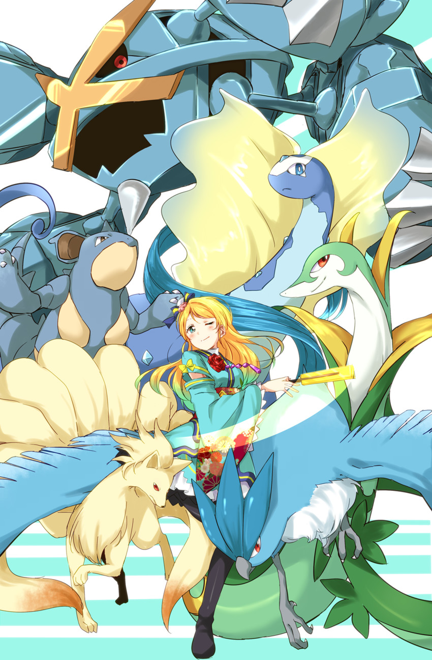 ayase eli, serperior, ninetales, metagross, articuno, and 3 more (pokemon and 3 more) drawn by ksk_(semicha_keisuke)