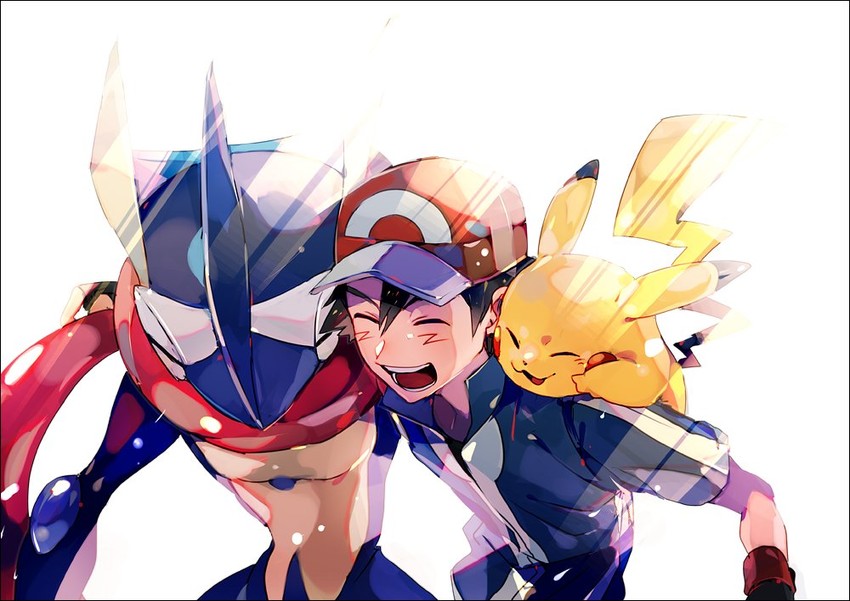 pikachu, ash ketchum, and greninja (pokemon and 1 more) drawn by yuuichi_(bobobo)