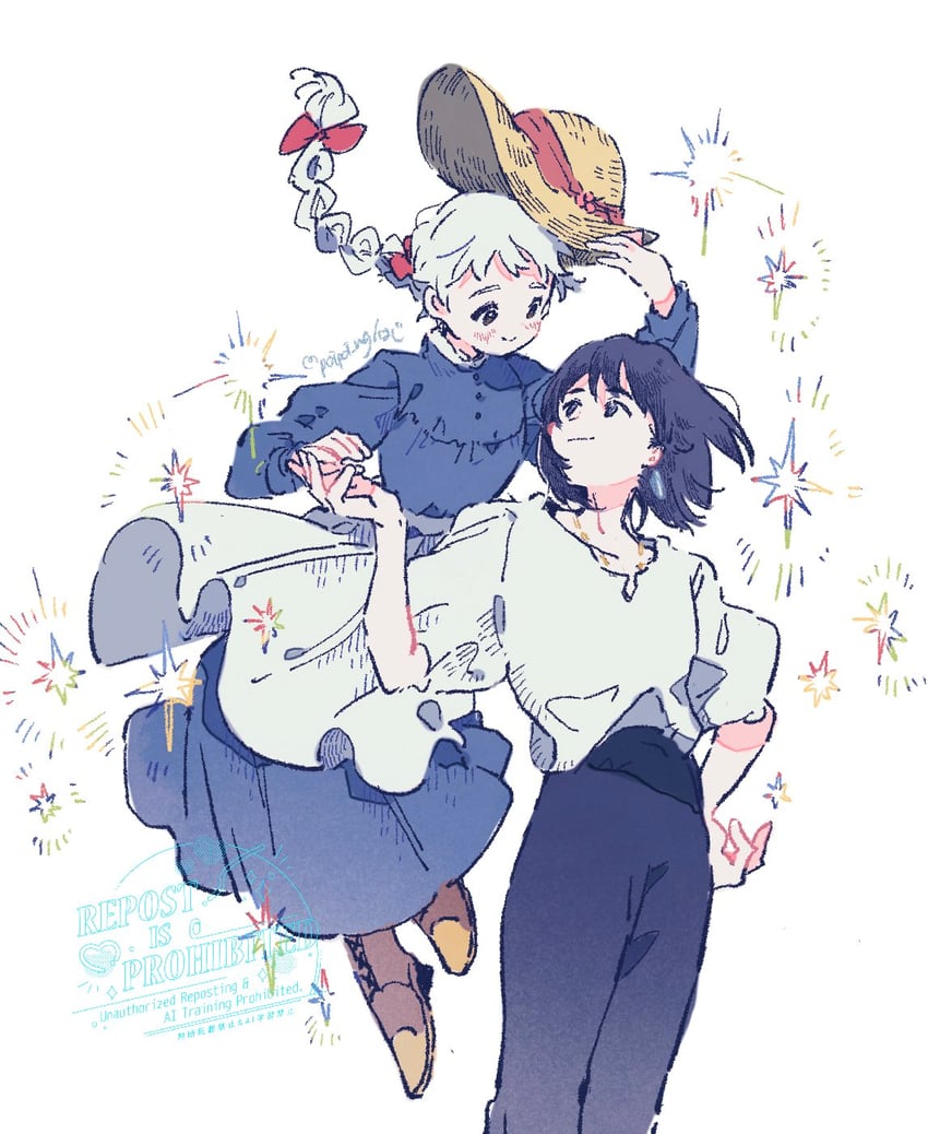howl pendragon and sophie hatter (howl no ugoku shiro) drawn by hazime
