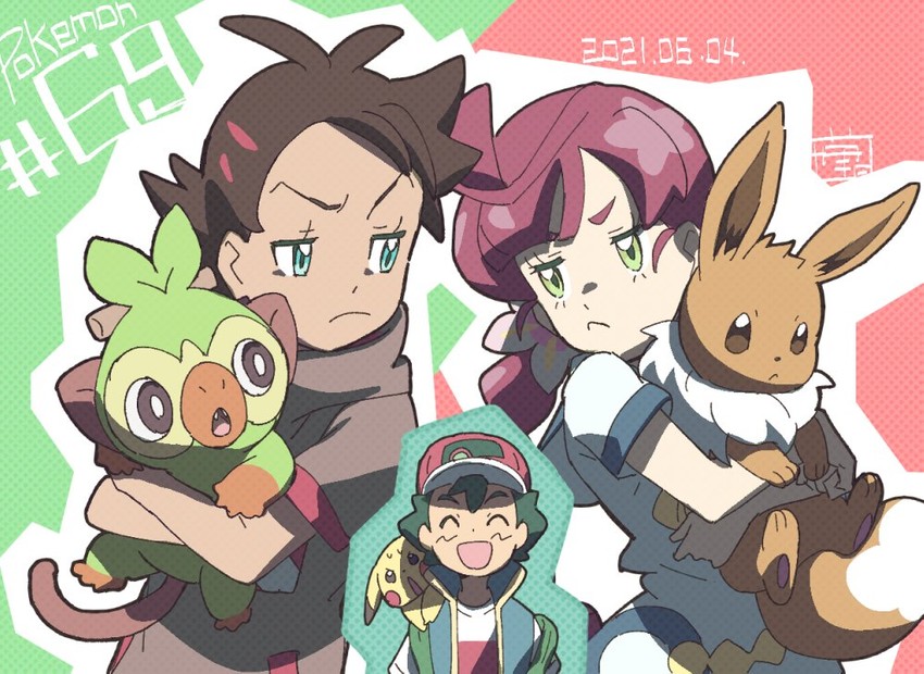 pikachu, ash ketchum, eevee, grookey, goh, and 1 more (pokemon and 1 more) drawn by ueda_hanako