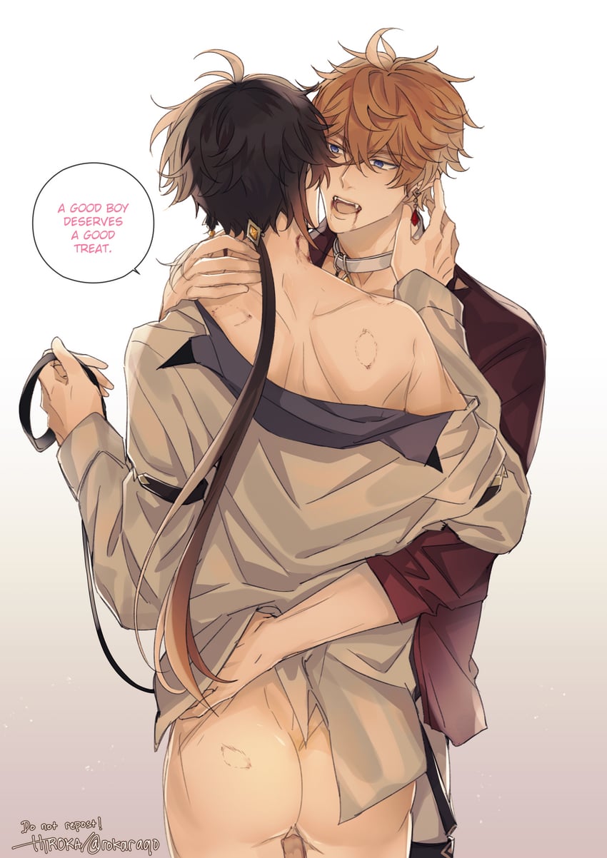 zhongli and tartaglia (genshin impact) drawn by rokaraqo