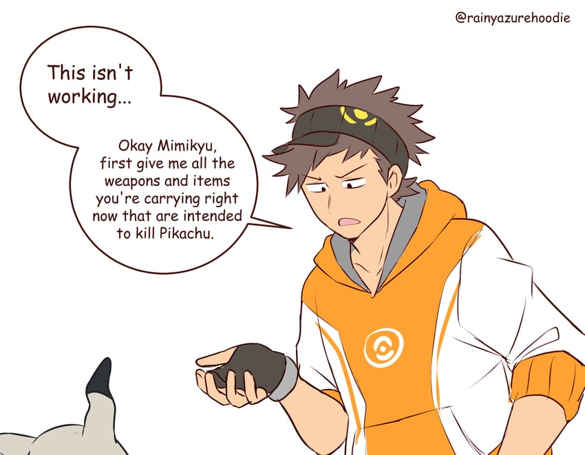 mimikyu and male protagonist (pokemon and 1 more) drawn by rainyazurehoodie