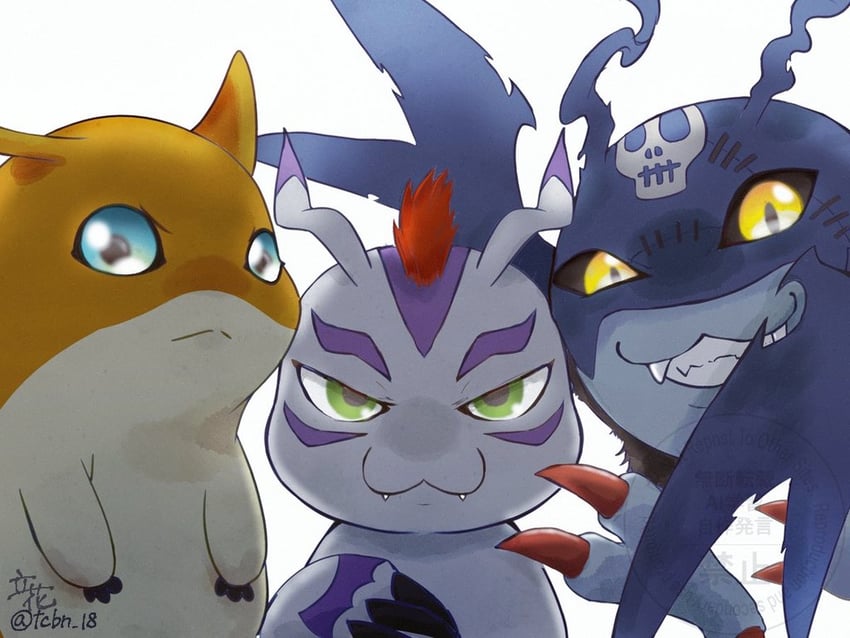 patamon, gomamon, and picodevimon (digimon and 1 more) drawn by rikka_(tcbn_18)