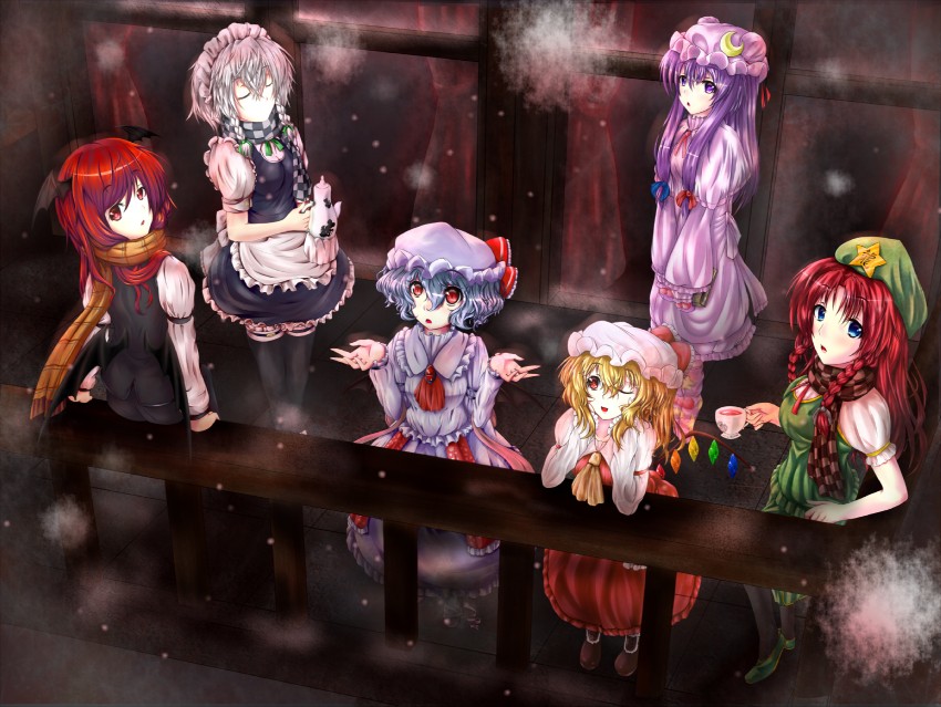 remilia scarlet, flandre scarlet, izayoi sakuya, patchouli knowledge, hong meiling, and 1 more (touhou) drawn by takenaka_noa
