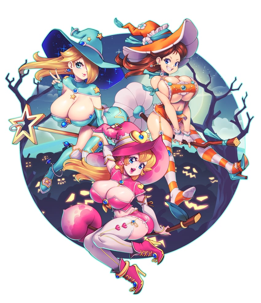 princess peach, rosalina, and princess daisy (mario and 1 more) drawn by supersatanson
