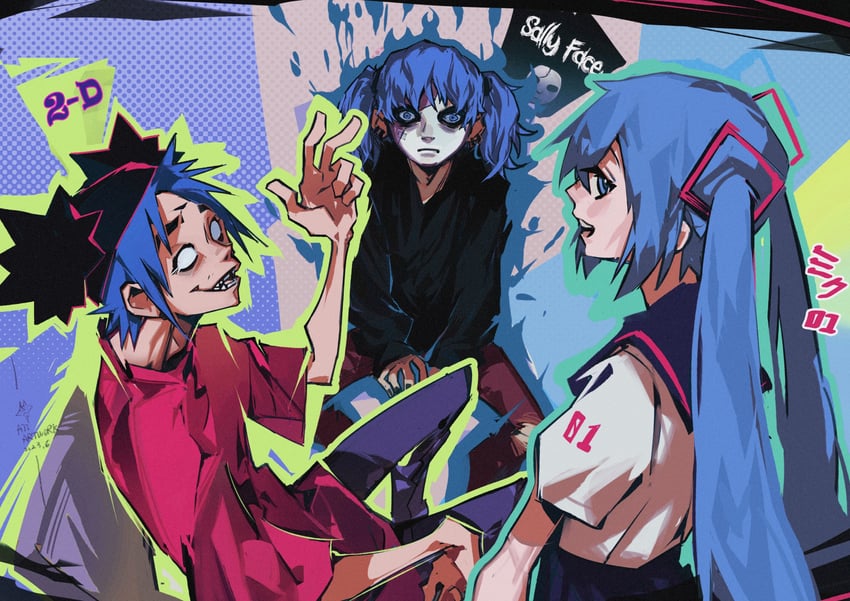 hatsune miku, stuart pot, and sal fisher (vocaloid and 2 more) drawn by aji_(groongloon)