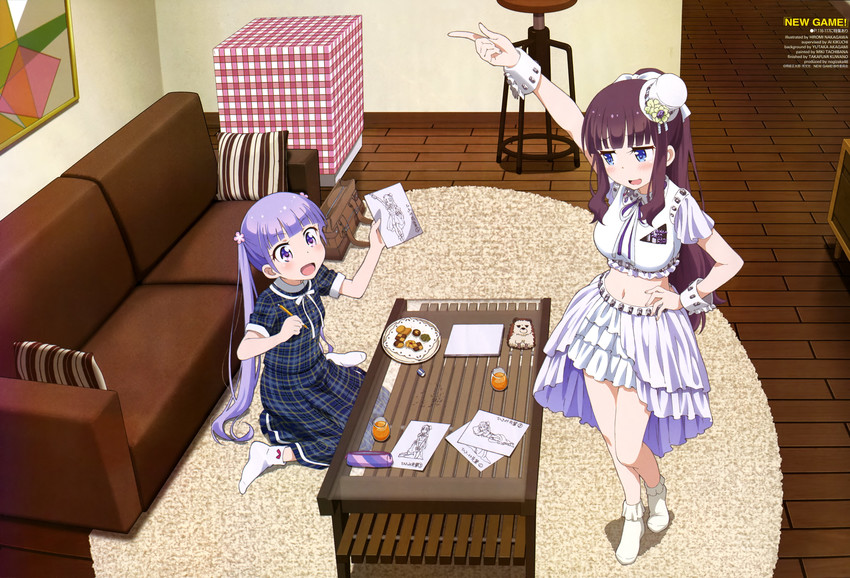 suzukaze aoba, takimoto hifumi, and soujirou (new game!) drawn by nakagawa_hiromi