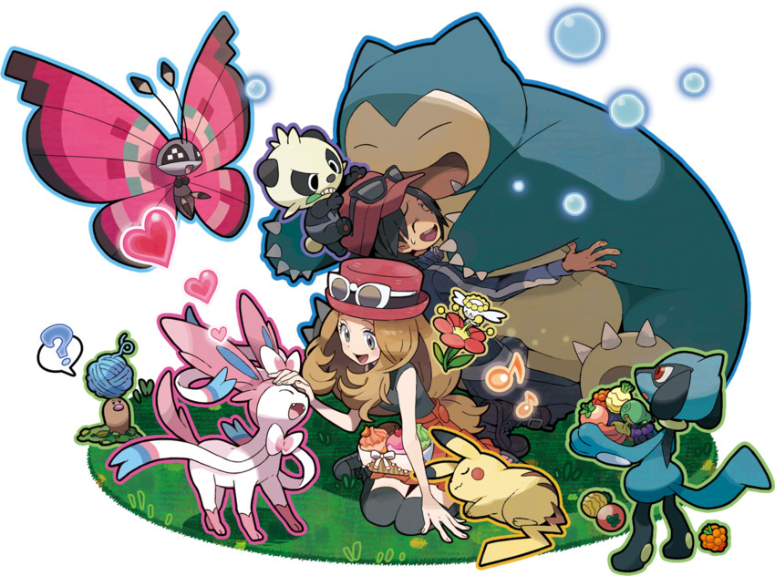 pikachu, serena, sylveon, calem, snorlax, and 5 more (pokemon and 1 more) drawn by oomura_yuusuke