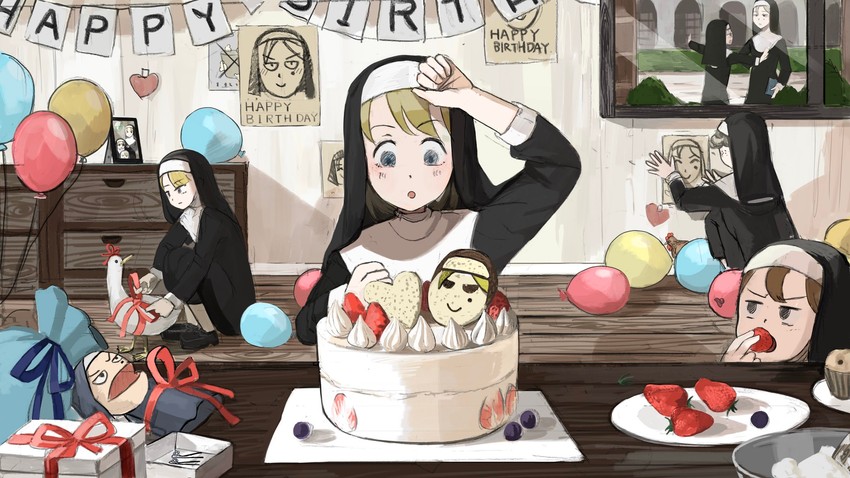 clumsy nun, froggy nun, spicy nun, strict nun, sheep nun, and 1 more (little nuns) drawn by diva_(hyxpk)