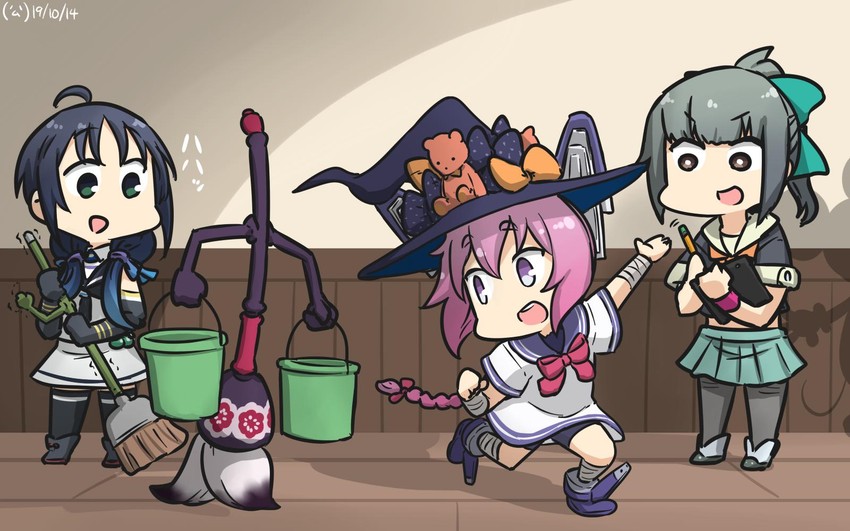 abigail williams, yuubari, suzukaze, nenohi, mickey mouse, and 1 more (kantai collection and 5 more) drawn by hamu_koutarou