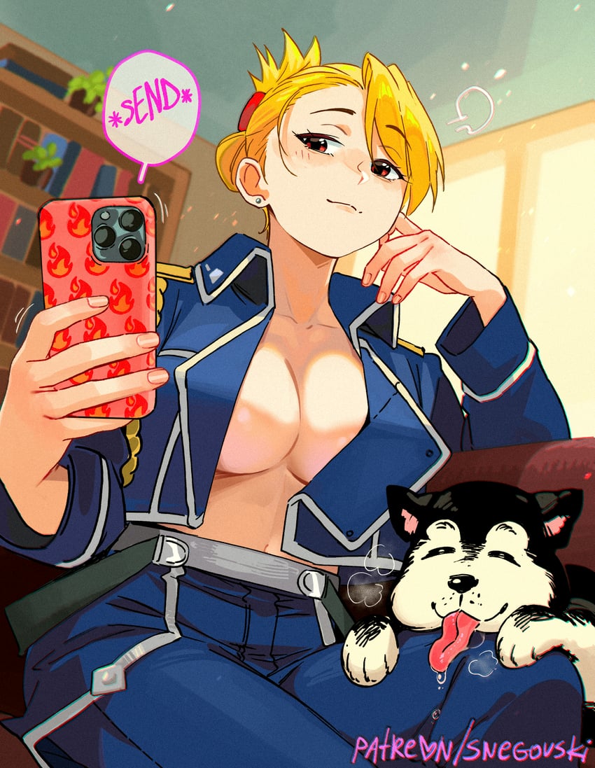 riza hawkeye and black hayate (fullmetal alchemist) drawn by snegovski