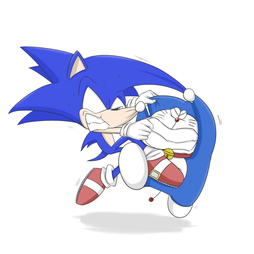 sonic the hedgehog and doraemon (sonic and 1 more) drawn by doraneko_(yuxtukurisiteixtutenee)