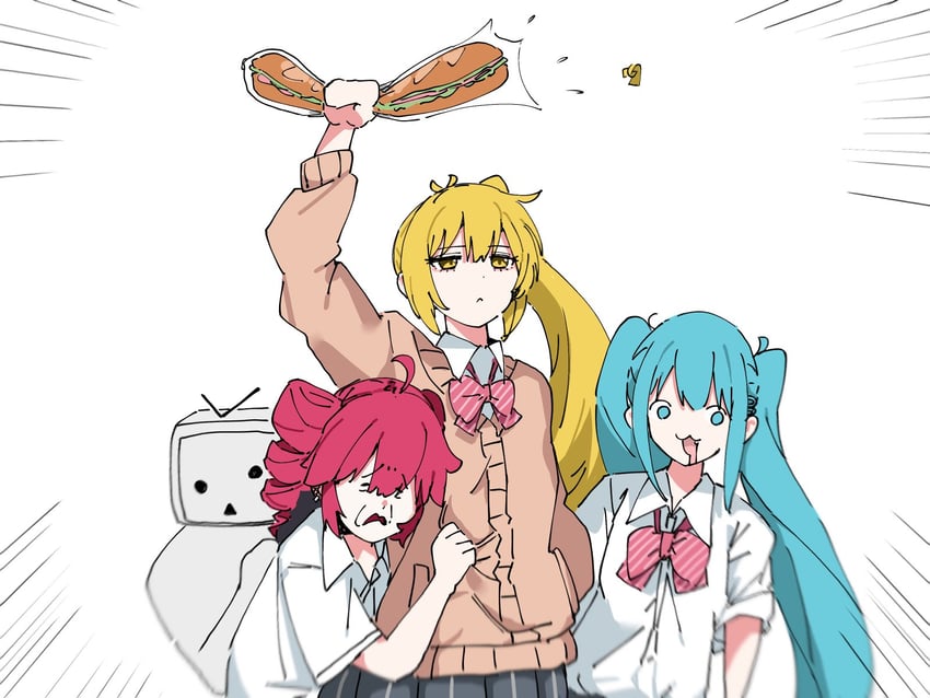 hatsune miku, kasane teto, akita neru, and terebi-chan (vocaloid and 3 more) drawn by 0_onibi