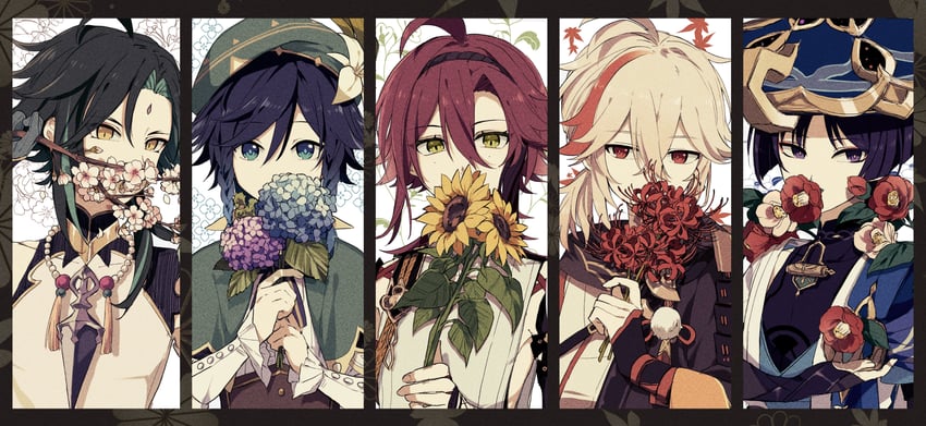 scaramouche, wanderer, venti, xiao, kaedehara kazuha, and 1 more (genshin impact) drawn by ryu_genshin77