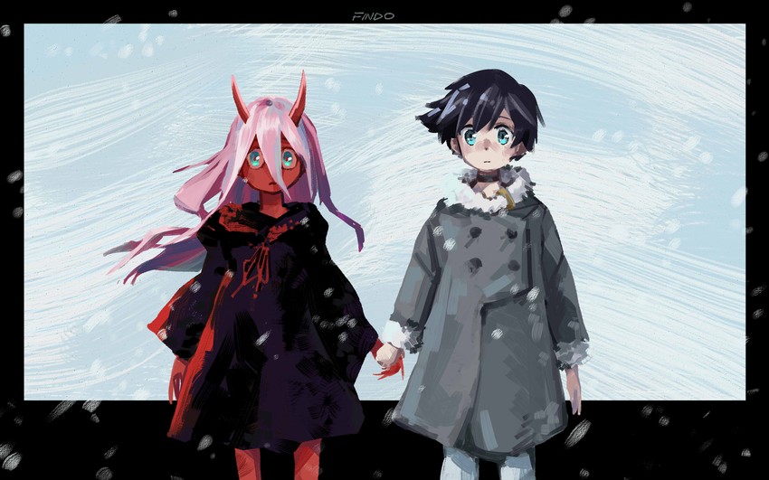 zero two and hiro (darling in the franxx) drawn by findoworld
