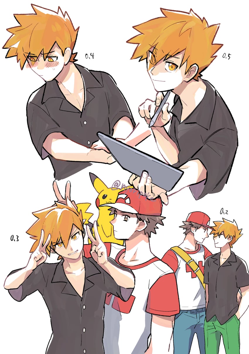 pikachu, red, and blue oak (pokemon and 1 more) drawn by nyoripoke