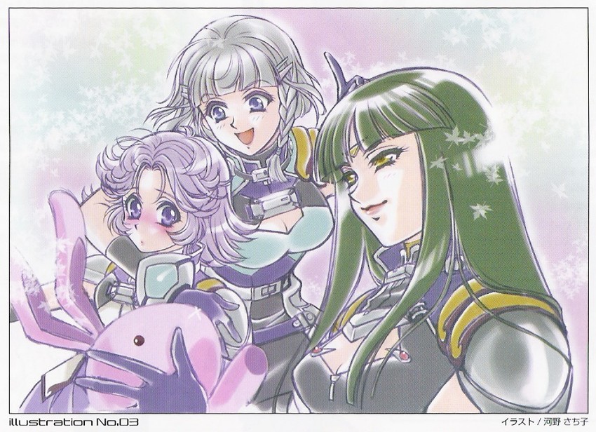 seolla schweizer, latooni subota, and ouka nagisa (super robot wars and 1 more) drawn by kouno_sachiko