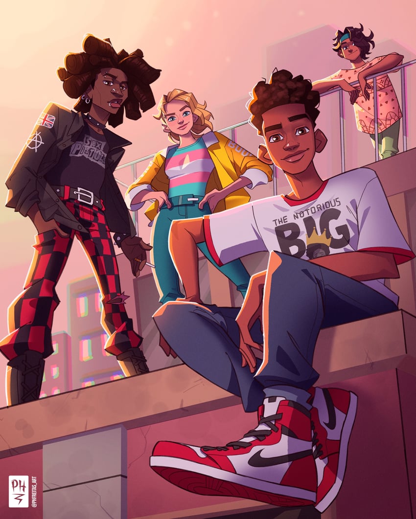 spider-gwen, gwen stacy, miles morales, spider-punk, spider-man india, and 2 more (marvel and 3 more) drawn by phfreitas_art