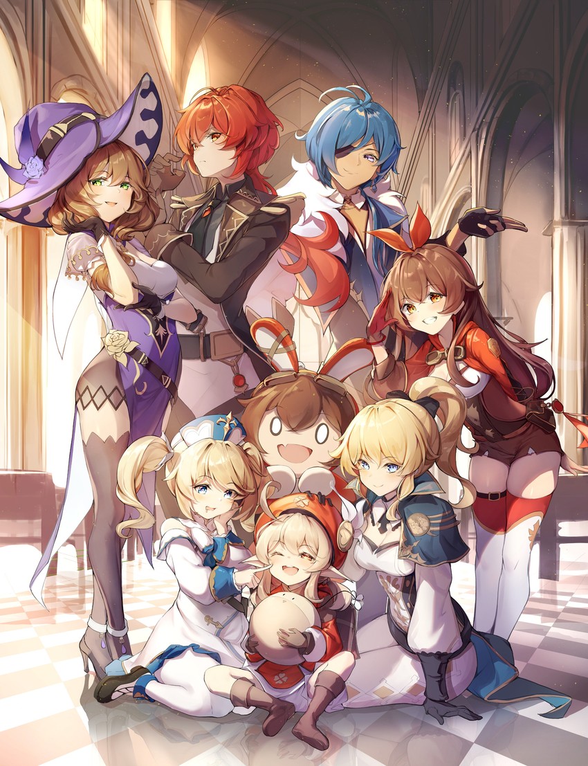 klee, barbara, jean, diluc, amber, and 3 more (genshin impact) drawn by dampi