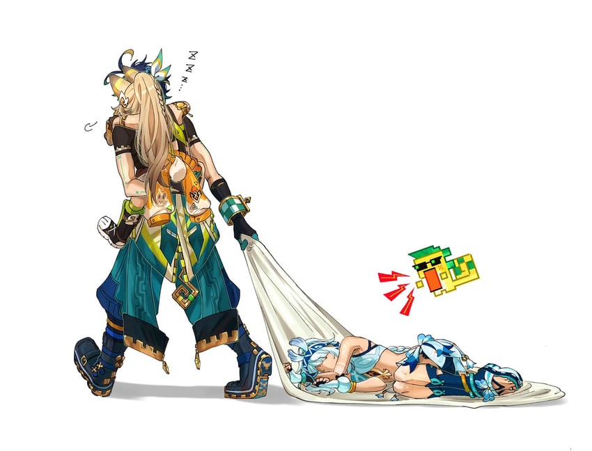 mualani, kinich, kachina, and ajaw (genshin impact) drawn by yuka_(pixiv38407039)