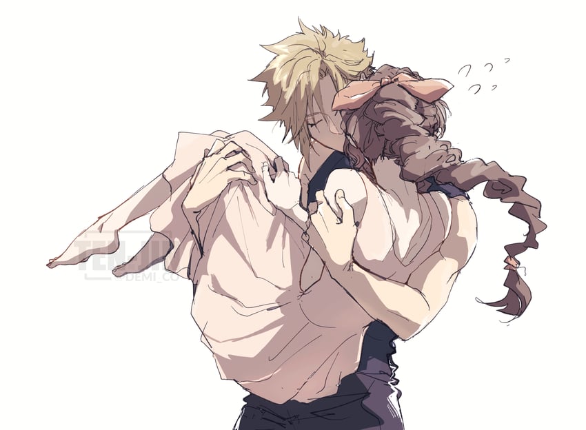 cloud strife and aerith gainsborough (final fantasy and 2 more) drawn by demi_co