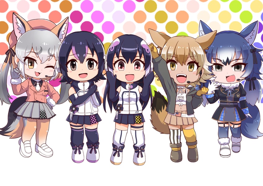 island fox, humboldt penguin, coyote, dire wolf, and african penguin (kemono friends and 1 more) drawn by rakugaki_arai